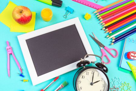 School stationery on color background. Back to school creative  Image の写真素材