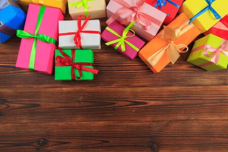 gift box on a wooden background top view. - Image