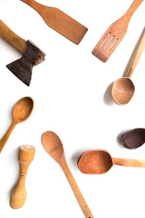 Kitchenware set of wooden spoon and fork on white background.の写真素材