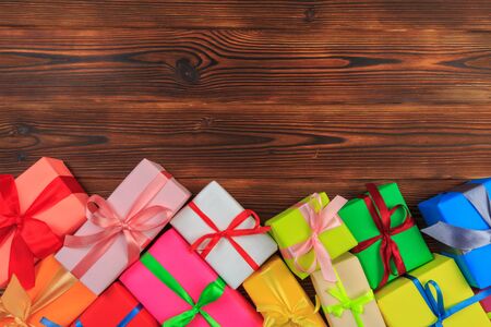 gift box on a wooden background top view. - Image