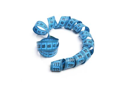 Blue measuring tape isolated on white backgroundの写真素材