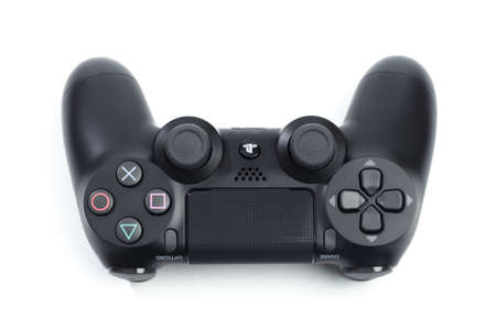 Russia, OKTOBER 24 2019: The new Sony Dualshock 4 with PlayStation 4. Sony PlayStation 4 game...