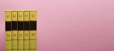  pile of old books, panorma, good copy space  on pink background - Image 