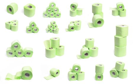 set og Green toilet paper. Shot on white background.の写真素材