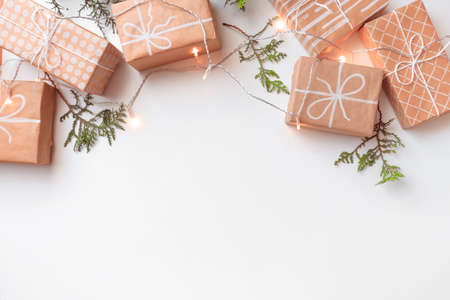 garland of lights on a light background top view