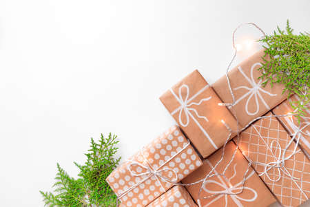 gifts from craft paper on white handmade christmas theme and christmas