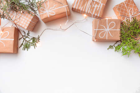 gifts from craft paper on white handmade christmas theme and christmasの写真素材