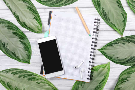 tropical leaves  and smartphone with earphones and notebook  on white wooden background with text place    - Imageの写真素材