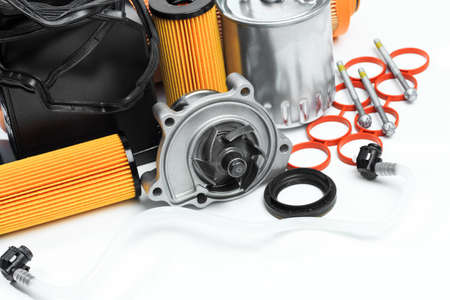 parts for scheduled car maintenance.Oil , air , fuel filter, Water pumps motor, belt car engine  ...