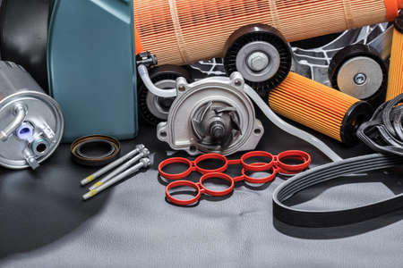 parts for scheduled car maintenance.Oil , air , fuel filter, Water pumps motor, belt car engine   for carの写真素材