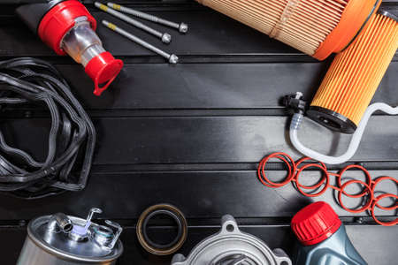 parts for scheduled car maintenance.Oil , air , fuel filter, Water pumps motor, belt car engine   for carの写真素材