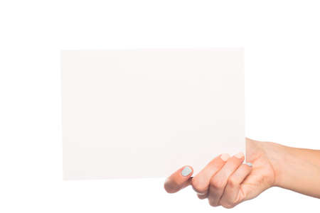 female hand isolated on white background holding card  with text place