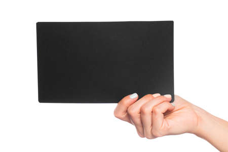 female hand isolated on white background holding card  with text placeの写真素材