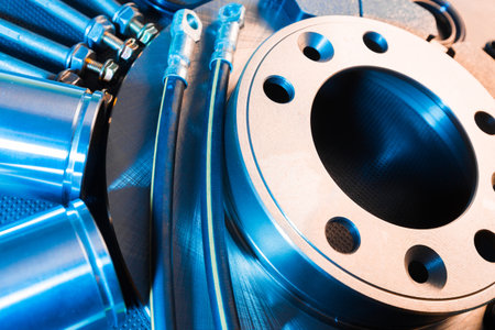 brake parts on dark background  brake pads, disc, brake hose, guides, cylindersの写真素材