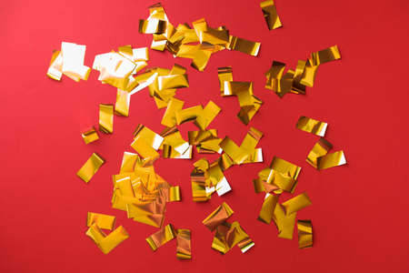 new year gifts and decorations on red background top view- Image