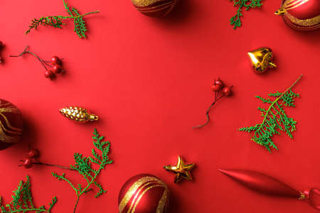 new year gifts and decorations on red background top view- Image