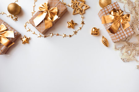 new year gifts and decorations on white background top view- Image