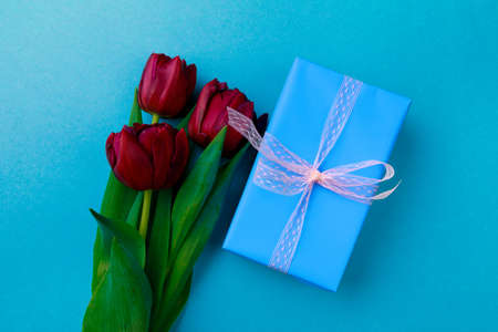 Gift box and spring flowers on color background. Stylish soft image of spring flowers. Happy women's day. Happy Mothers day.Hello Springの写真素材