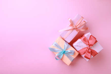 Gift boxes  on color background. Happy womens day. Happy Mothers day.Hello Spring