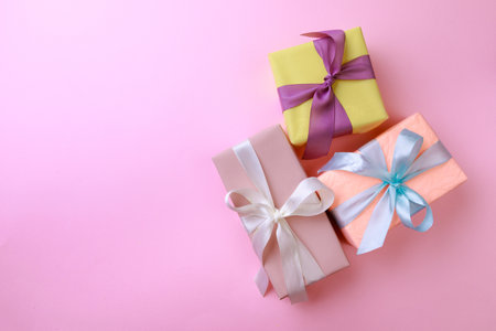 Gift boxes  on color background. Happy womens day. Happy Mothers day.Hello Spring