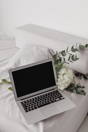 laptop in a modern interior in minimalist styleの写真素材