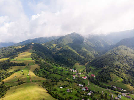 Photo taken from a drone. View of the rural highlands. Sunny summer day.の写真素材