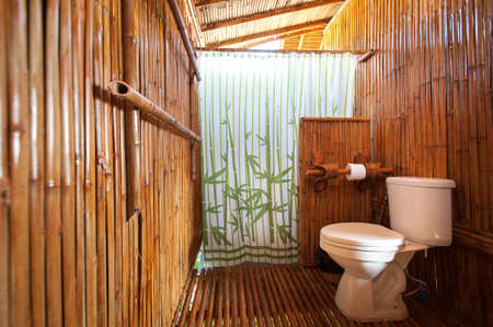 bathroom bamboo with masonry shower cubicle and bathtubのeditorial素材