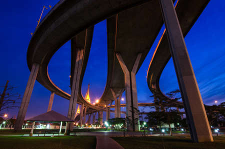Twilight at Bhumibol Bridge in Samut Prakan, Thailandの写真素材