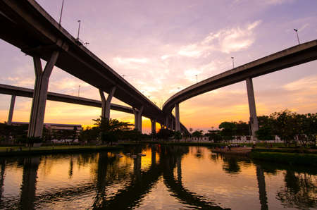 Twilight at Bhumibol Bridge in Samut Prakan, Thailandの写真素材