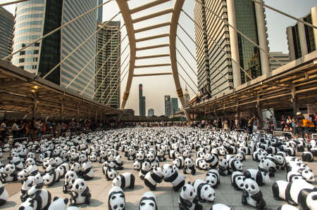 Bangkok, Thailand - March 8, 2016 : 1600 paper Mache Pandas campaign showcase in Bangkok by WWF to promote environmental preservation.のeditorial素材