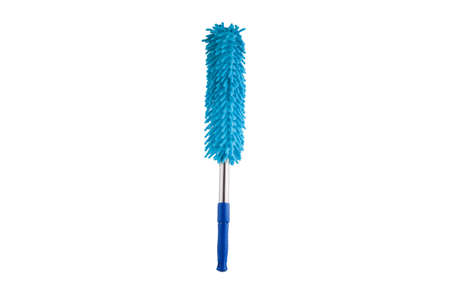 Hand holding blue dust brush with plastic and aluminum handle on  white background