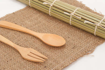 a wooden spoon on sackの写真素材