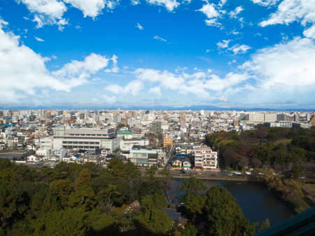 City park under blue sky with Downtown Skyline in the Background , Japanのeditorial素材