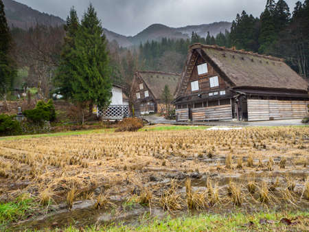 Traditional and Historical Japanese village Shirakawago, Japan - December 22, 2016 : The view of Traditional Japanese village Shirakawago in autumn season, The unique farmhouse called "Gassho" is world heritage of Japanのeditorial素材