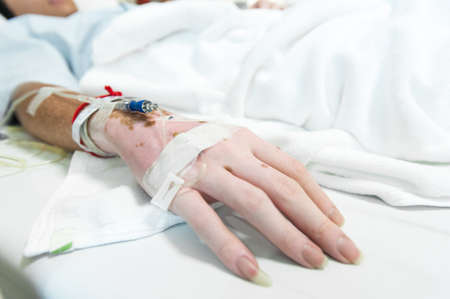 Closeup of saline drip-Patient admit in hospital with iv saline