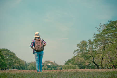 Woman with relax time at the park ,and happy enjoying in the natureの写真素材