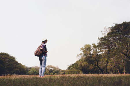 Woman with relax time at the park ,and happy enjoying in the natureのeditorial素材