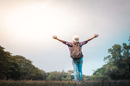 Woman with relax time at the park ,and happy enjoying in the natureの写真素材
