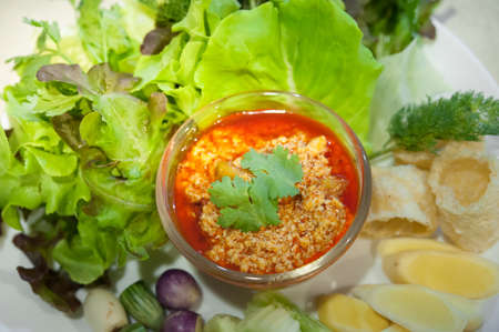 Northern Thai Tofu and Tomato Spicy Dip Selective focus (Thai name is Nam prik ong) / Thailand Food of  Vegetarian , No meat-Made from tofu (soy)の写真素材