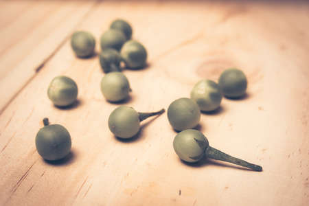 Turkey berry (Solanum torvum Sw.) on a wooden floorの写真素材