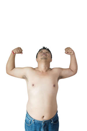 Fat man ,overweight man with big belly on white background in studio.の写真素材