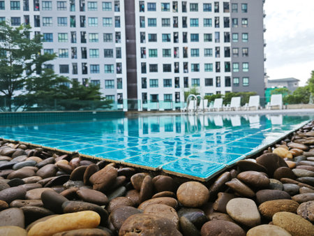 Swimming pool among high rise condo buildings ,Bangkok, Thailandの写真素材