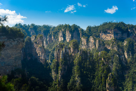 Awesome view of natural quartz sandstone pillars of the Tianzi Mountains (Avatar Mountains) in the Zhangjiajie National Forest Park ( Wulingyuan), Hunan Province, China. Fabulous landscape.this National park was the inspiration for the movie Avatar.の写真素材