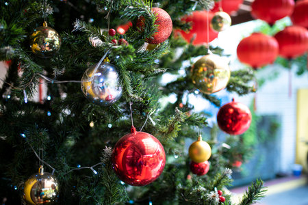 Merry Christmas and happy new year concept,Decorated Christmas tree on blurred background.の写真素材