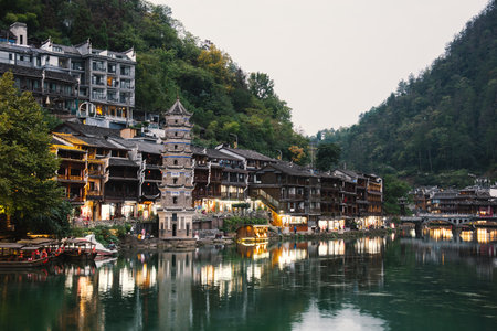 Fenghuang Ancient Town. Located in Fenghuang County. Southwest of HuNan Province, China. Fenghuang is a popular tourist destination of Asia.の写真素材
