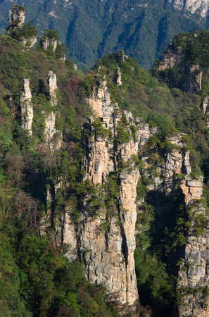 Awesome view of natural quartz sandstone pillars of the Tianzi Mountains (Avatar Mountains) in the Zhangjiajie National Forest Park ( Wulingyuan), Hunan Province, China. Fabulous landscape.this National park was the inspiration for the movie Avatar.の写真素材