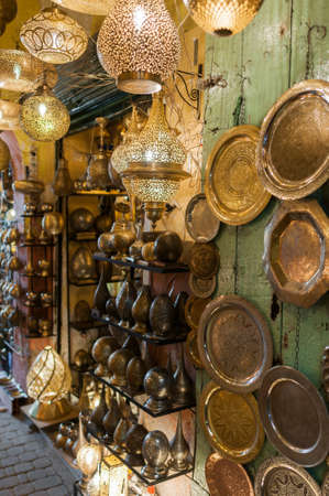 Oriental lampshades and trays in a souk.の写真素材