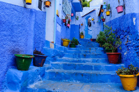 Public walkway in the blue city Chefchaouen, Morocco, Africa.のeditorial素材