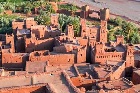 Aerial view of the Kasbahs of Ait Ben Haddou in the south of Morocco, Africa.
