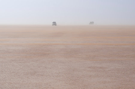 Cars drive in the sandstorm in the Sahara, on the Lac Iriki salt lake, Morocco, Africa.の写真素材